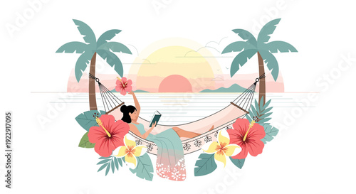 Woman Relaxing in Hammock on Tropical Beach at Sunset