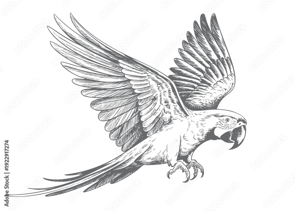 Fototapeta premium Vintage hand drawn macaw parrot collection in engraving ink sketch style isolated on white background.