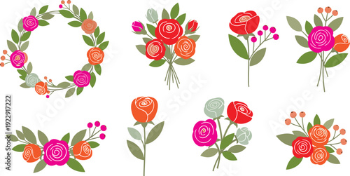 Vibrant floral arrangements and bouquets with roses and leaves on white background