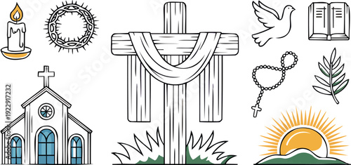 Holy week religious line art with colored accents featuring wooden cross and church for christian celebrations