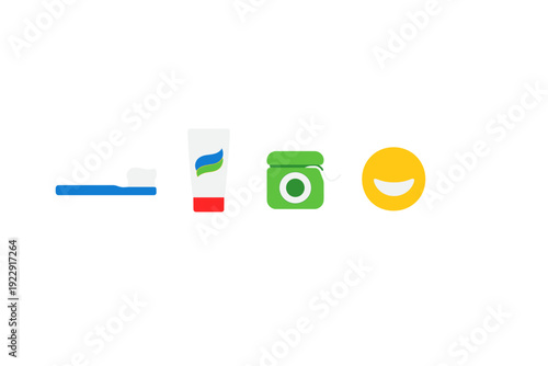 A flat vector illustration featuring a blue toothbrush with paste, a toothpaste tube, a green dental floss container, and a yellow smiley face icon on a solid black background.