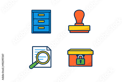 This set of four flat vector icons features a blue filing cabinet, an orange rubber stamp, a document under a magnifying glass, and a secure orange box with a green padlock.
