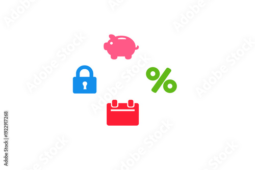 A collection of four colorful icons representing financial concepts including a pink piggy bank, a blue padlock, a green percentage sign, and a red calendar on a black background.