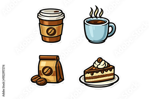 A collection of four coffee-themed illustrations featuring a takeaway cup, a steaming mug, a bag of coffee beans, and a slice of layered cake on a black background.