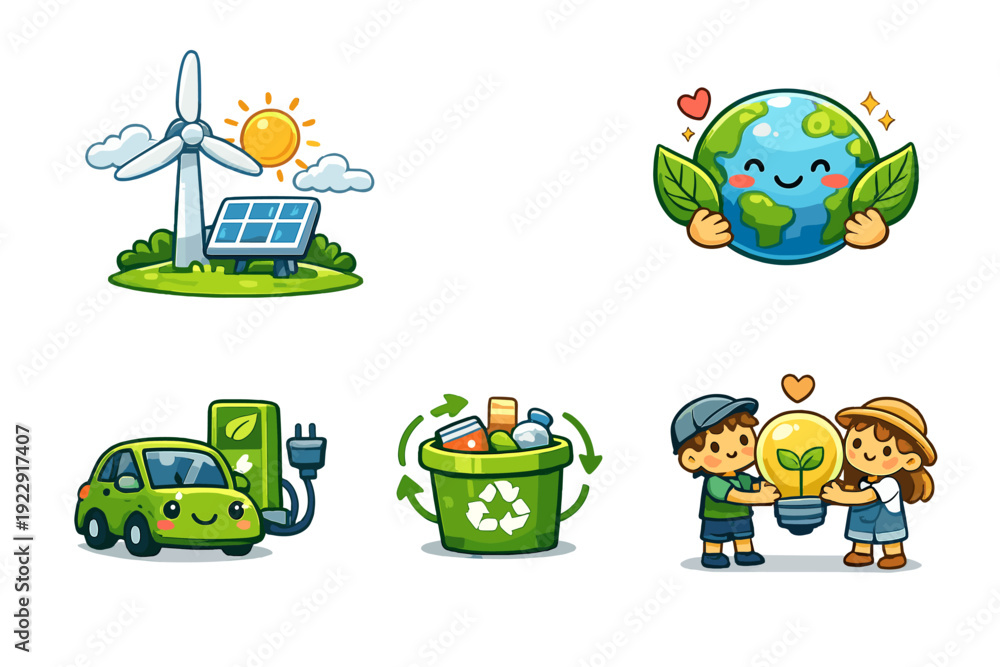 Fototapeta premium Five cute cartoon illustrations promoting environmental sustainability, including renewable energy, recycling, electric vehicles, and a happy earth globe on a black background.