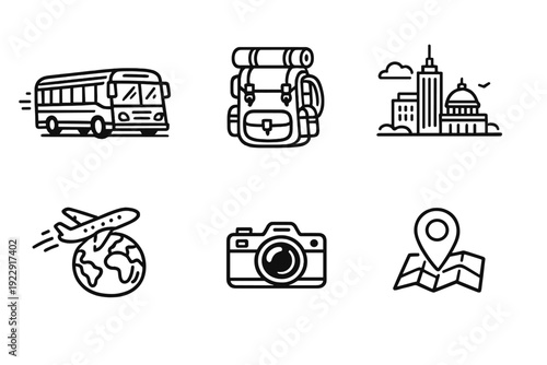 A collection of six white line art icons representing travel and tourism, including a bus, backpack, city skyline, airplane over a globe, camera, and a map with a location pin.