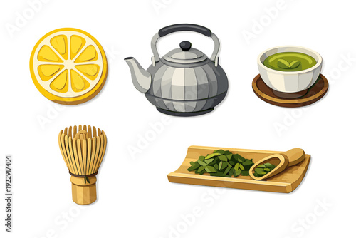 A collection of tea ceremony items including a silver teapot, a cup of green tea, a bamboo whisk, loose tea leaves on a wooden tray, and a yellow lemon slice on a black background.