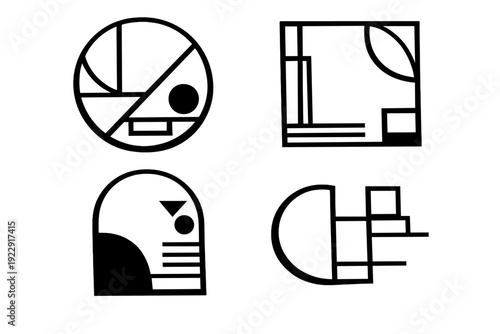 Εκτύπωση καμβά A minimalist black and white graphic featuring four distinct geometric shapes including a circle, a square, an arch, and a stepped polygon arranged in a grid on a dark background