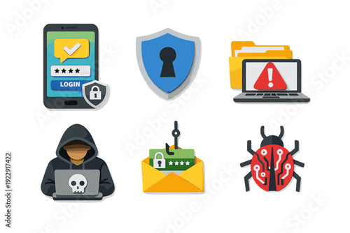 Six 3D cybersecurity icons featuring a hooded hacker, phishing hook, malware bug, secure mobile login, protection shield, and laptop warning on a black background.