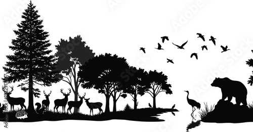 Black silhouettes of forest animals and trees on a white background in nature scene