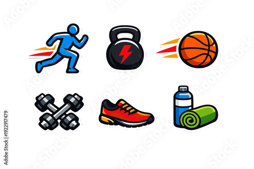 A collection of six fitness and sports stickers featuring a running person, kettlebell, basketball, dumbbells, running shoe, and a water bottle with a yoga mat on a black background.