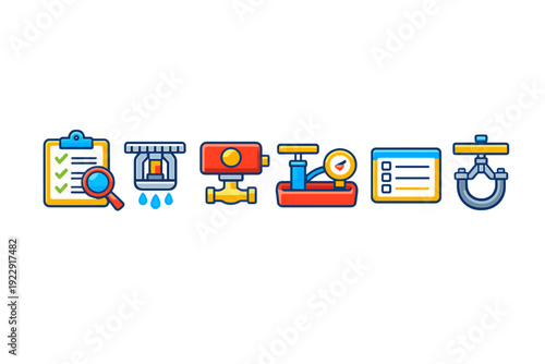 A set of six colorful flat icons depicting fire safety inspection and plumbing equipment including a clipboard with a magnifying glass, a sprinkler head, a valve, and a pressure gauge.