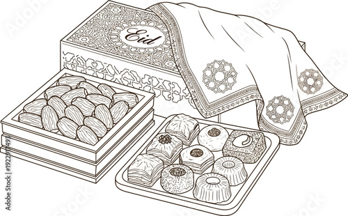 An overhead view displays an Eid gift box with ornate patterns, a draped patterned cloth, and trays filled with assorted Arabic sweets and dates.
