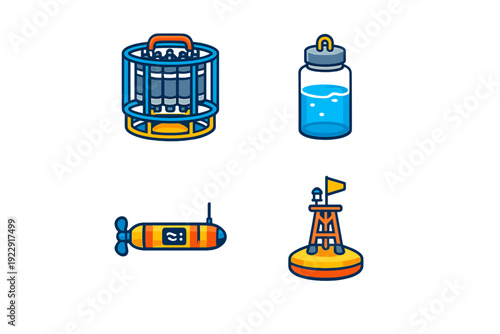 This set of four flat vector icons features marine research tools like a CTD rosette, a water sample jar, an underwater glider, and a navigational buoy on a black background.