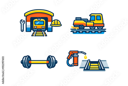 A set of four flat vector icons representing railway maintenance services, including a train depot, track repair vehicle, wheel axle, and lubrication equipment on a black background.