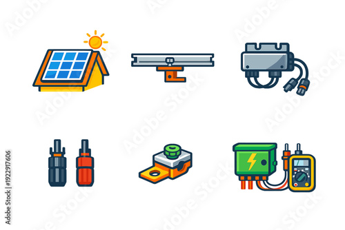 A collection of six flat vector icons representing solar energy installation components including panels, mounting hardware, electrical connectors, and testing equipment on a black background.