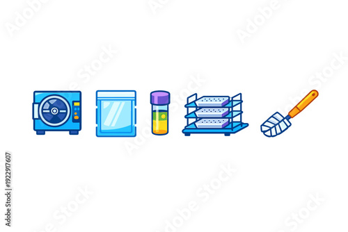A set of five laboratory equipment icons including an autoclave, a specimen bag, a test tube with yellow liquid, a sample rack, and a cleaning brush on a black background.