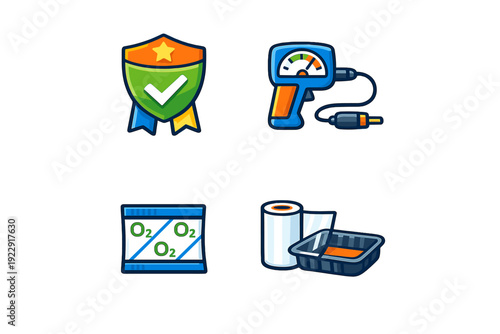 A set of four vector icons representing food safety and packaging quality control, including a quality seal, a gas analyzer, an oxygen absorber packet, and a tray sealing process.