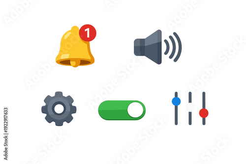 A collection of five colorful user interface icons on a black background, including a notification bell, a speaker, a gear, a green toggle switch, and adjustment sliders.
