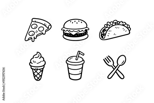 Set of six minimalist white line icons on a black background featuring a pizza slice, hamburger, taco, ice cream cone, soda cup with straw, and crossed fork and spoon.