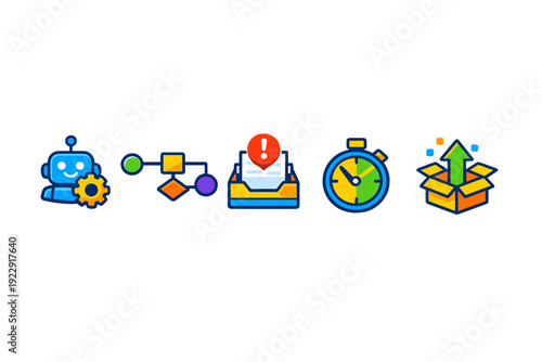 A set of five colorful business and technology icons including a robot with a gear, a flowchart, an inbox with an alert, a stopwatch, and an open box with an upward arrow on a black background.