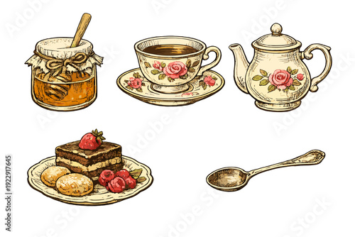 A vintage-style illustration set featuring a honey jar, a teacup with a saucer, a teapot decorated with roses, a plate of desserts with cake and berries, and a metal spoon on black.