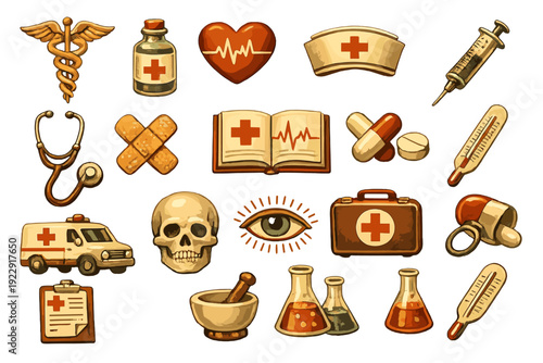 A collection of various vintage medical icons including a stethoscope, ambulance, skull, and first aid kit, rendered in a hand-drawn painterly style against a solid black background.