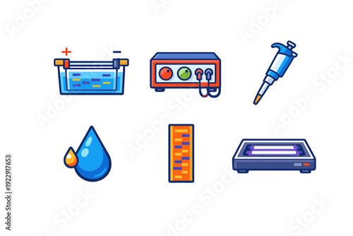 A set of six stylized laboratory icons including a gel electrophoresis tank, power supply, micropipette, liquid drops, DNA sequence bands, and a UV transilluminator on a black background.