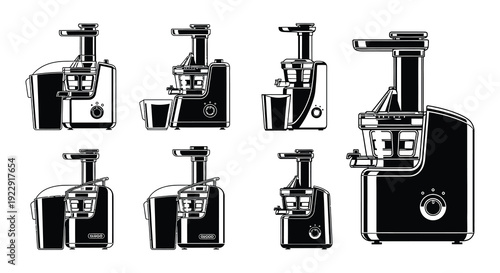 Collection of black and white illustrations depicting various juicer appliances
