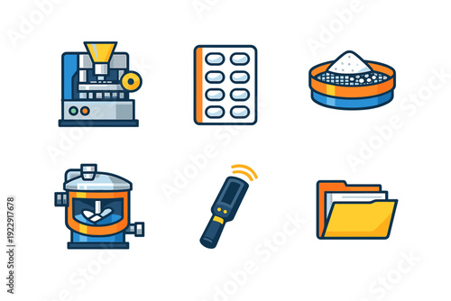 A set of six colorful flat icons representing pharmaceutical manufacturing processes, including a tablet press, blister pack, powder sieve, industrial mixer, scanner, and folder.