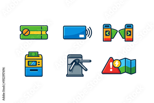 This set of six flat vector icons features public transit elements like a ticket, smart card, entry gates, ticket kiosk, tripod turnstile, and a map with an alert notification.