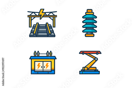 A set of four flat icons representing electrical infrastructure, including railway power lines, a high-voltage insulator, a substation building, and a maintenance scissor lift.