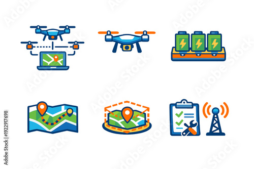 A set of six flat vector icons representing drone technology, including remote control, aerial photography, battery charging, navigation mapping, geofencing, and maintenance.