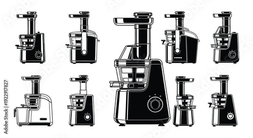 Collection of black and white illustrations depicting various juicer appliances