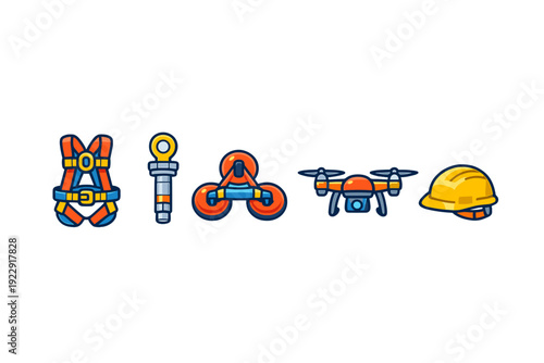 A collection of five stylized construction and safety icons including a safety harness, anchor bolt, suction cup lifter, drone, and yellow hard hat on a black background.
