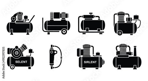 Black and white icons depicting various air compressor models and components
