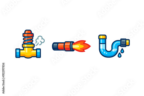 Three stylized icons depicting plumbing and industrial maintenance issues including a steaming pressure valve, a lit blowtorch, and a leaking blue pipe on a black background.