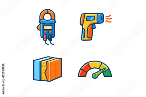 This collection features four stylized icons for technical diagnostics: a digital clamp meter, an infrared thermometer gun, layered building insulation, and a colorful gauge.