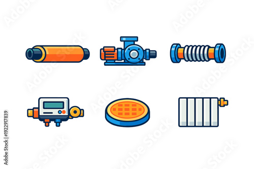 A set of six stylized industrial icons on a black background, featuring a pipe, water pump, flexible joint, digital meter, manhole cover, and a white radiator in a flat design style.