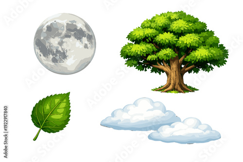 A collection of nature elements featuring a detailed full moon, a large green tree with dense foliage, a single vibrant green leaf, and fluffy white clouds on a black background.