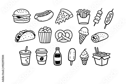 A collection of seventeen white hand-drawn fast food and snack icons on a black background, including a burger, pizza, fries, ice cream, and drinks in a minimalist doodle style.
