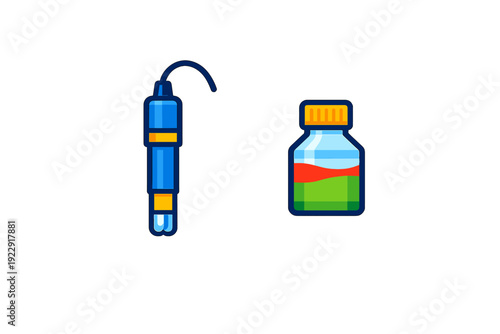 A flat vector illustration of a blue electronic sensor probe next to a small glass bottle containing colorful liquid layers, set against a solid black background.