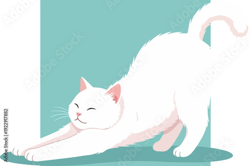 White cat stretching with closed eyes on blue background.