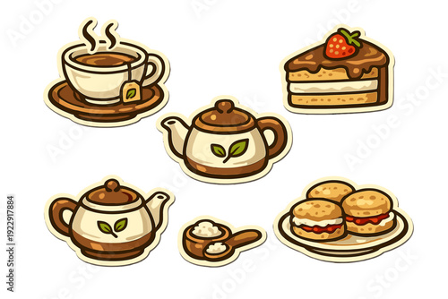 A collection of illustrated stickers featuring tea time elements like a steaming cup of tea, teapots with leaf motifs, a slice of strawberry cake, and scones on a plate.