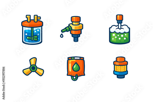 A set of six colorful laboratory and industrial icons featuring a mixing tank, a valve, a bubbling container, a propeller, a nutrient bag, and a filter on a black background.
