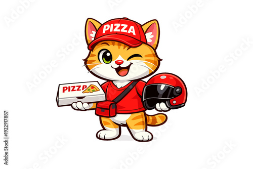 A cute ginger cartoon cat dressed as a pizza delivery driver wearing a red cap and shirt. It holds a pizza box and a red motorcycle helmet while winking against a black background.