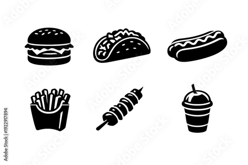 A collection of six white minimalist icons representing various fast food items including a burger, taco, hot dog, fries, skewer, and drink, displayed on a solid black background.
