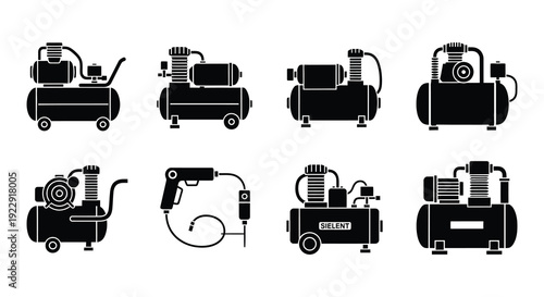Black and white icons depicting various air compressor models and components