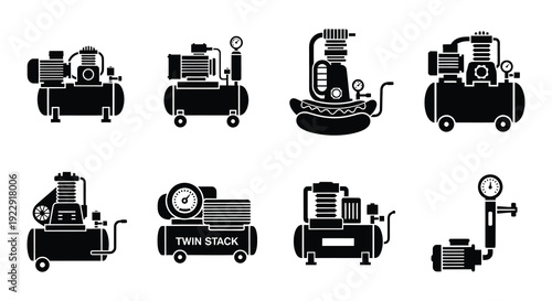 Black and white icons depicting various air compressor models and components