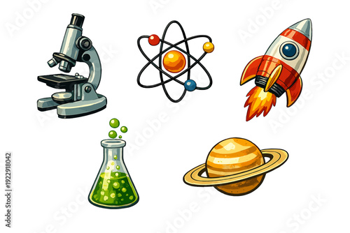 A collection of science-themed illustrations including a microscope, an atom model, a rocket ship, a bubbling green flask, and the planet Saturn, all set against a solid black background.